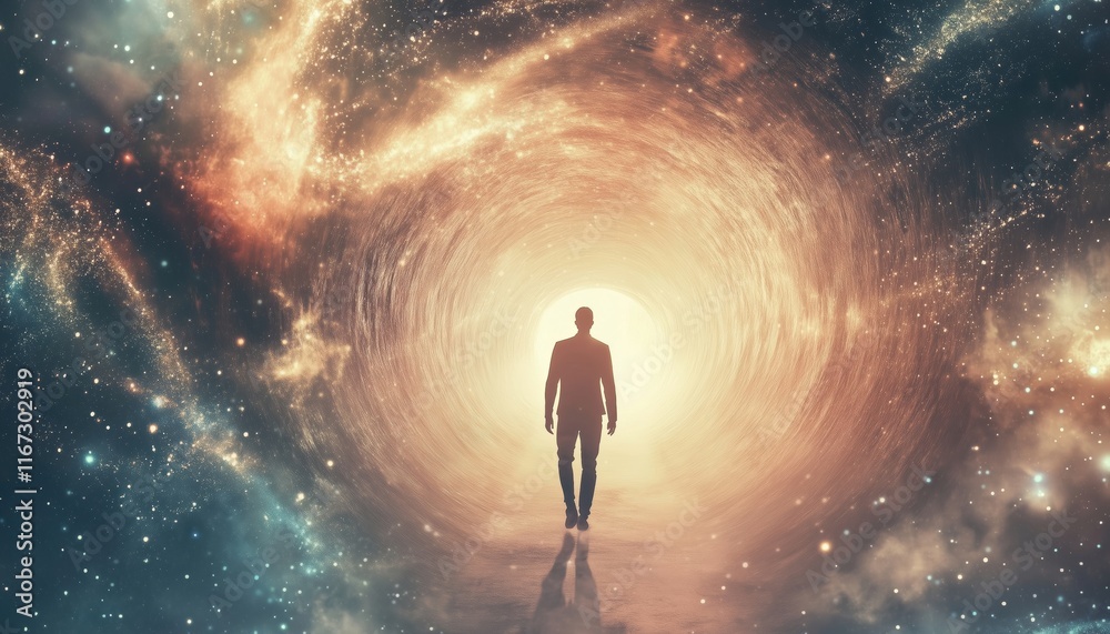 Man Emerges From Dark Tunnel Into The Light: Symbolic Journey From Darkness To Enlightenment And New Beginnings. Man Emerges From Dark Tunnel Into The Light: Symbolic Journey From Darkness To Enlightenment And New Beginnings.