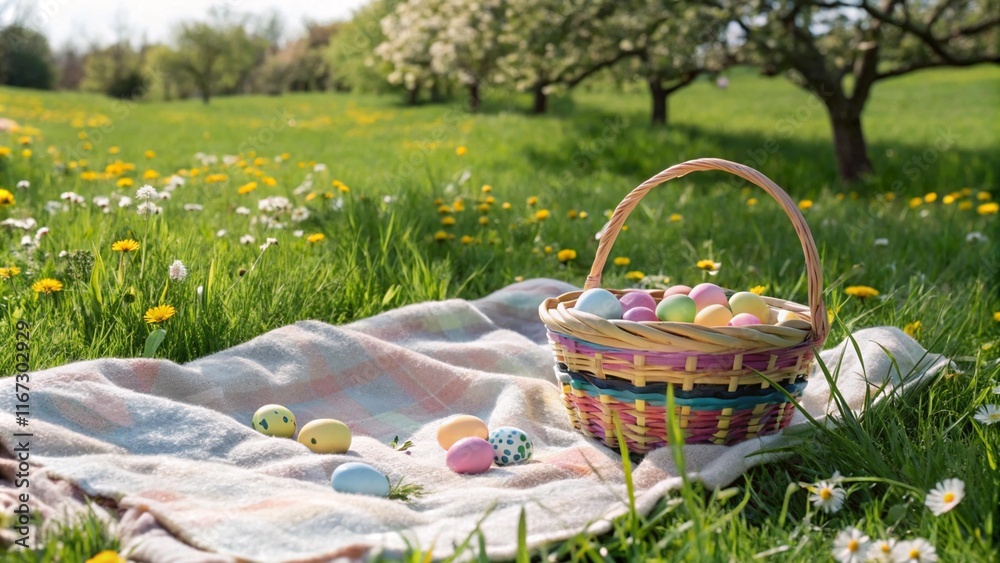 Easter picnic in nature with a decorated basket, colorful eggs, and blooming spring flowers for a seasonal holiday concept Easter picnic in nature with a decorated basket, colorful eggs, and blooming spring flowers for a seasonal holiday concept