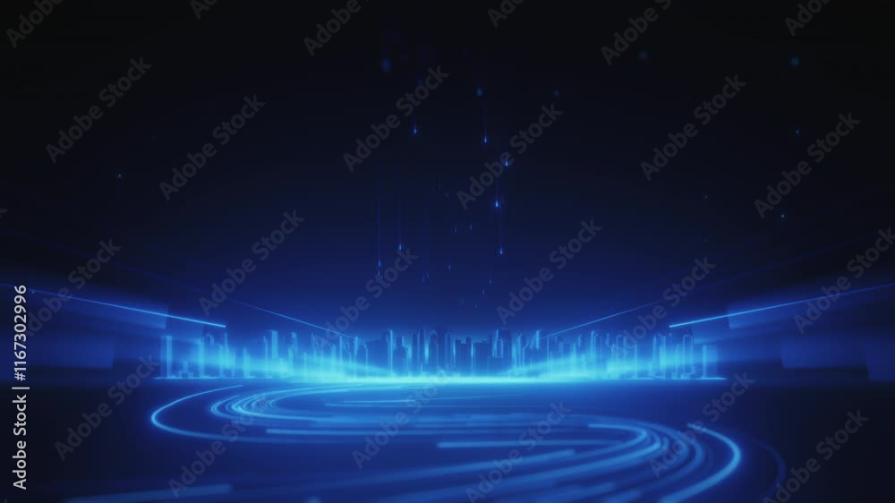 A glowing futuristic cityscape with curving digital pathways and falling light particles, symbolizing advanced technology and connectivity.
