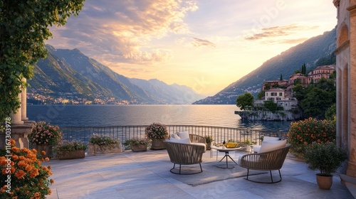 Serene Sunset over Lake Como: Italian Villa Balcony View