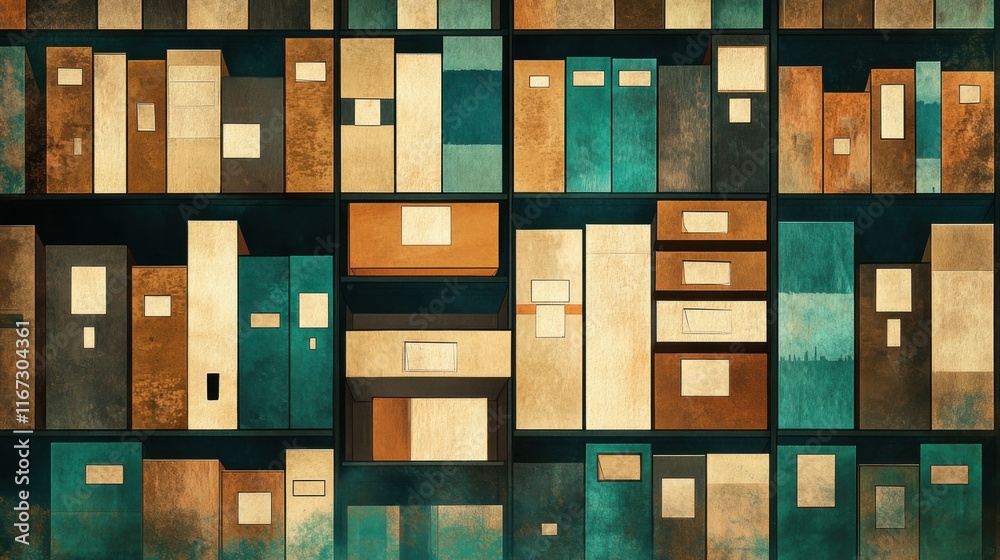 The concept of document archiving and retrieval in brown and teal colors The concept of document archiving and retrieval in brown and teal colors