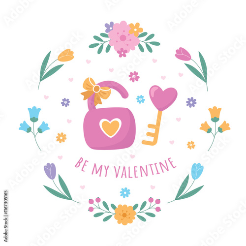 A romantic Valentines Day card with a lock keys flowers and tulips