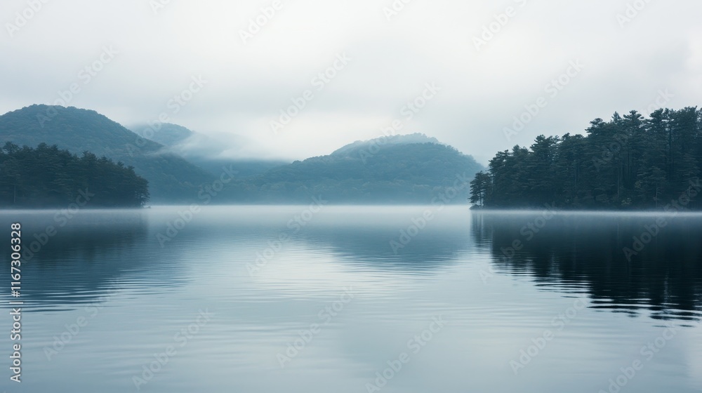 A serene lake landscape shrouded in mist, reflecting mountains and trees. A serene lake landscape shrouded in mist, reflecting mountains and trees.