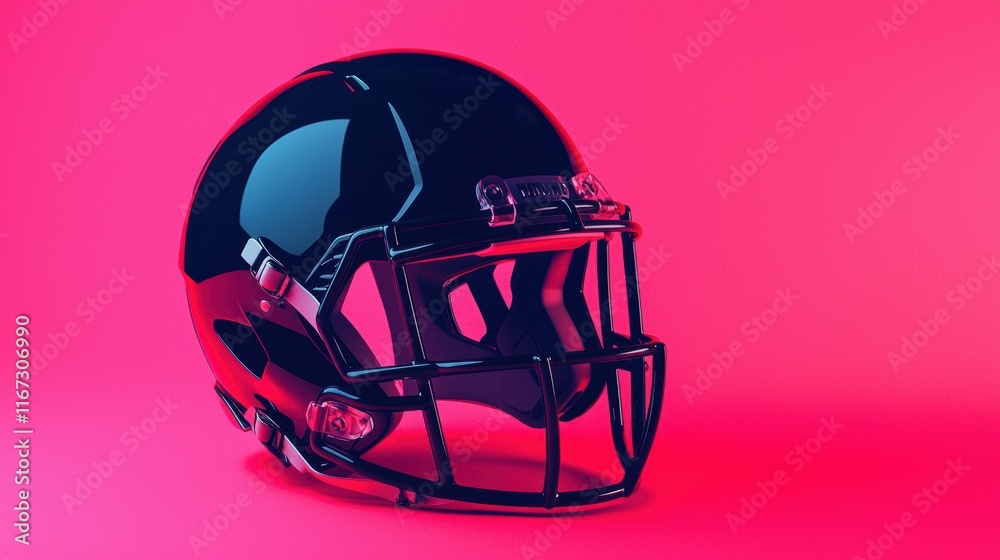 Naklejka premium Glossy Black Football Helmet on Neon Pink Background for Sports Imagery
