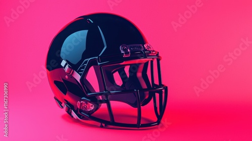 Glossy Black Football Helmet on Neon Pink Background for Sports Imagery photo