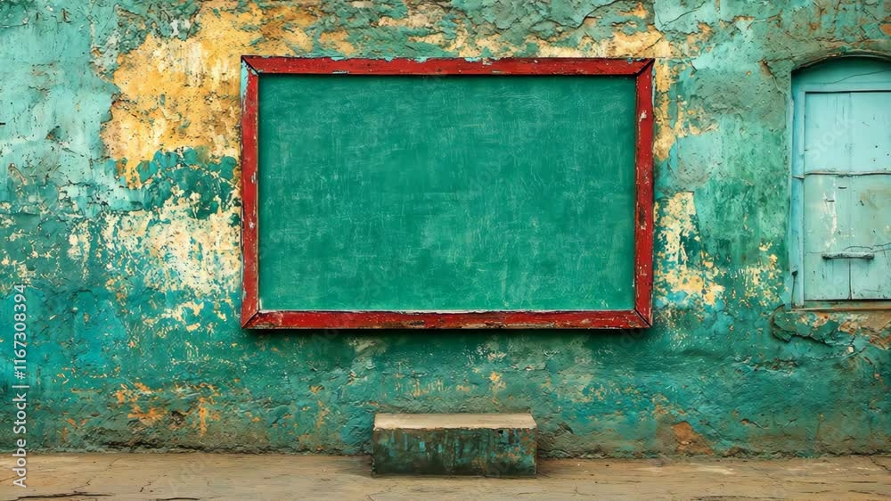 Empty chalkboard frame against an aged textured wall in a quiet urban setting during daylight hours