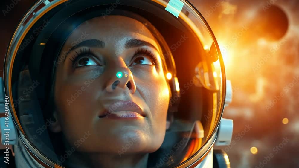 Close-up view of an astronaut gazing at the cosmos in a futuristic space environment illuminated by distant stars Close-up view of an astronaut gazing at the cosmos in a futuristic space environment illuminated by distant stars