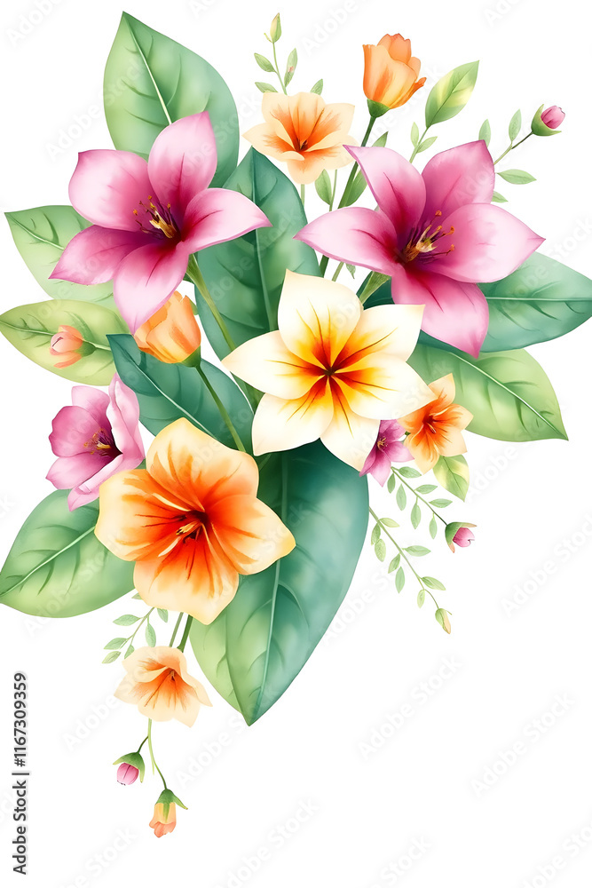 Obraz premium A vibrant floral arrangement featuring pink and white hibiscus flowers with lush green leaves on a white background. Greeting or wedding card decoration.
