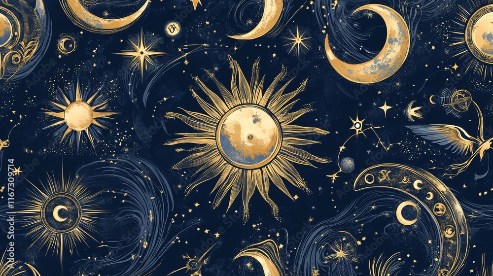 Esoteric Zodiac Wheel with Moon and Sun on Blue Background, 12 Signs Astrology Banner. Esoteric Zodiac Wheel with Moon and Sun on Blue Background, 12 Signs Astrology Banner.