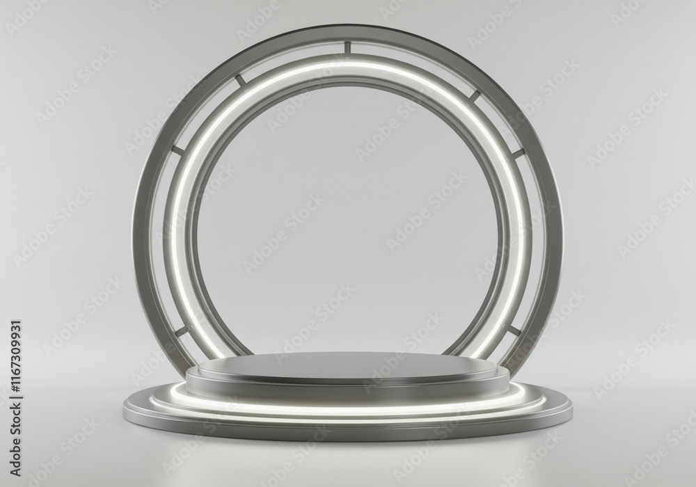 A futuristic 3D podium with a glowing circular design serves as a high-tech stage for a product display in a modern studio setting A futuristic 3D podium with a glowing circular design serves as a high-tech stage for a product display in a modern studio setting
