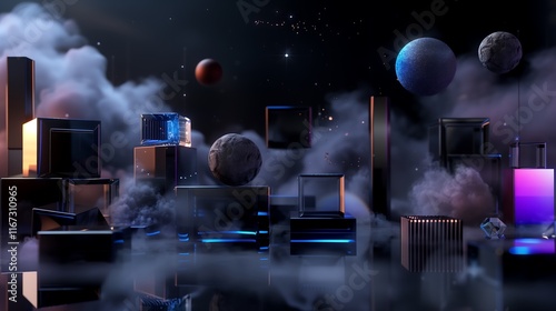 A surreal 3D abstract wallpaper featuring floating spheres, cubes, and organic shapes, reflective chrome surfaces with glowing highlights, a dark backdrop with ethereal mist and particles photo