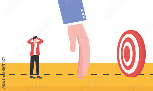 big hand hinder businessmen from the finish line. Business and success obstacle concept.

