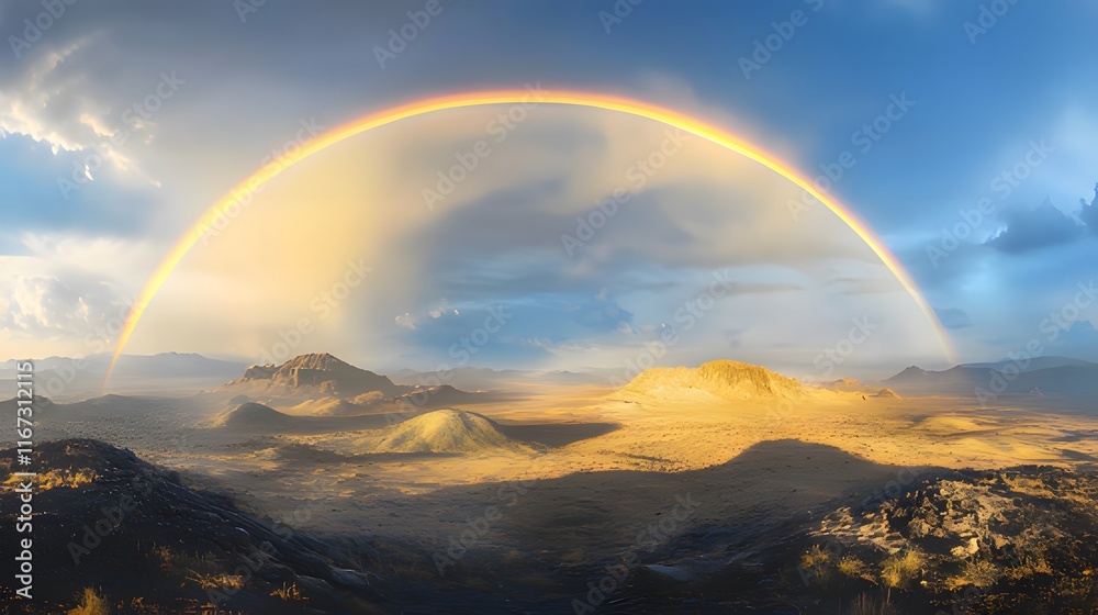 A vast landscape featuring a rainbow arching over mountains and a sunlit desert. A vast landscape featuring a rainbow arching over mountains and a sunlit desert.