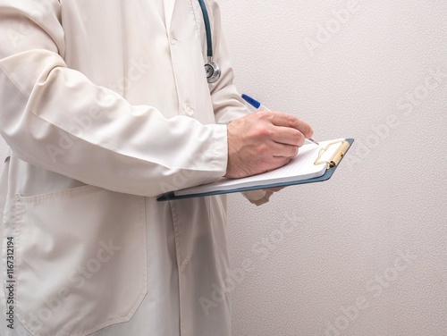 A close-up of a male doctor's hand holding a tablet writing a treatment, a prescription. Doctor's recommendation, prescribes a prescription