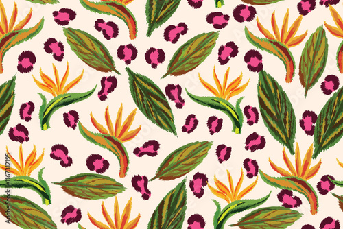 Abstract tropical floral seamless pattern and leopard pattern suitable for fabric, background, motif, wallpaper, etc.