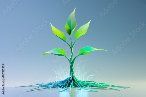 Green growing plant sprout. Biotechnology concept. Low poly style design. Abstract blue geometric background. Wireframe light connection structure. AI generated