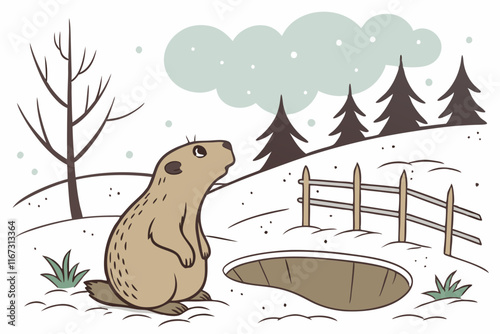groundhog day -  a cartoon-style illustration depicting a groundhog standing on its hind legs next to its burrow. The groundhog is looking up at the sky