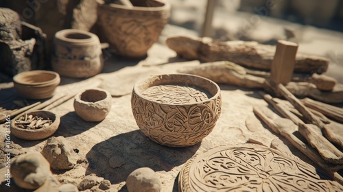 Crafting Stone Age Pottery: Artisanal Creation of Intricate Designs on Clay with Natural Tools - Ultra-Detailed Photorealistic Close-Up photo