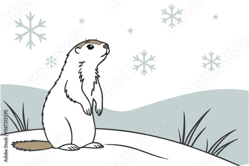 groundhog day - a simple, cartoon-style illustration of a groundhog standing upright on its hind legs. The groundhog is white with a light brown patch on its head and a brown tail