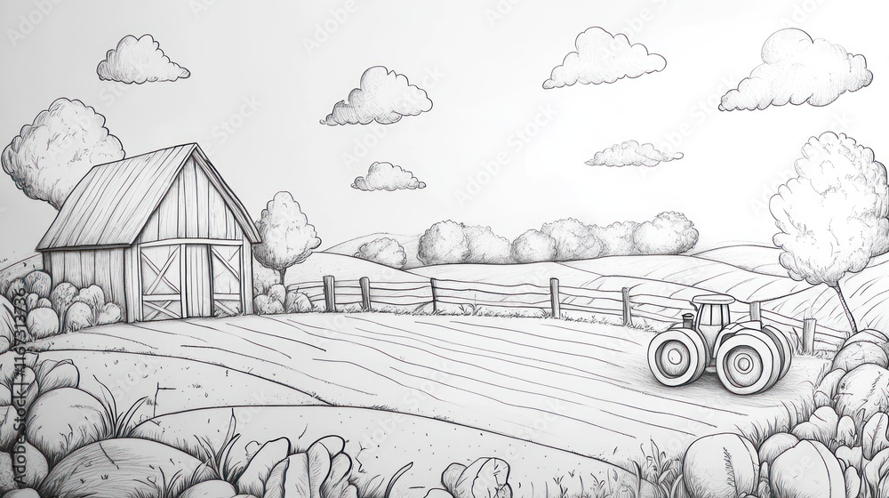 Fototapeta premium A Sketch Of A Farm Scene With Tractor And Barn