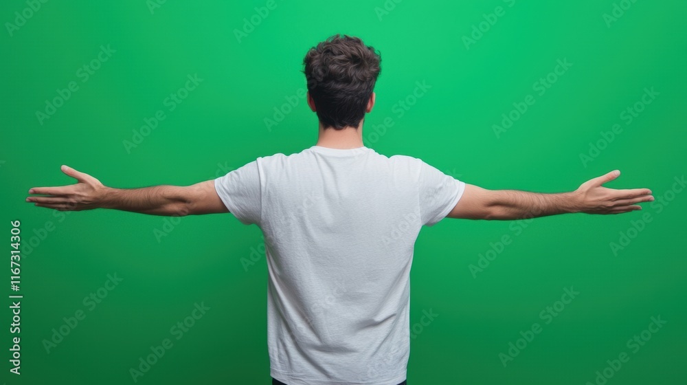 Young Man with Open Arms Against a Bright Green Background Young Man with Open Arms Against a Bright Green Background