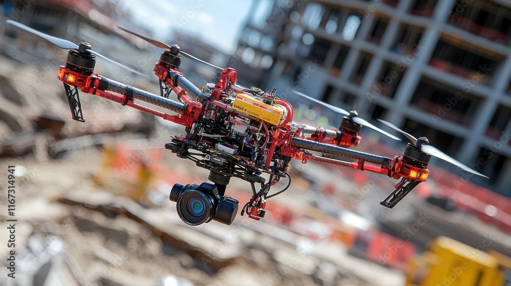 Obraz premium Drone surveying construction site with building backdrop.