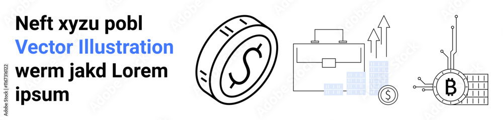 Coin with swoosh, briefcase, bar chart, arrow graph, Bitcoin symbol, blue color accent. Ideal for finance, investment guides, tech blogs, economic reports, startup presentations, educational Coin with swoosh, briefcase, bar chart, arrow graph, Bitcoin symbol, blue color accent. Ideal for finance, investment guides, tech blogs, economic reports, startup presentations, educational