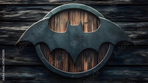 A stylized bat symbol set against a wooden background, representing a superhero theme. photo