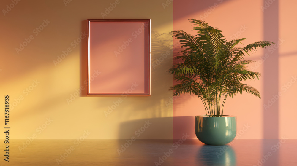 A soft butter-yellow interior space featuring muted coral accents, centered around a metallic rose gold frame on the wall. A glossy emerald green planter contains a vibrant fern, placed at a diagonal A soft butter-yellow interior space featuring muted coral accents, centered around a metallic rose gold frame on the wall. A glossy emerald green planter contains a vibrant fern, placed at a diagonal