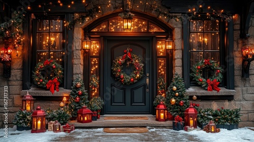 Wallpaper Mural Festive Christmas Home Entrance with Decorated Door and Lanterns Torontodigital.ca