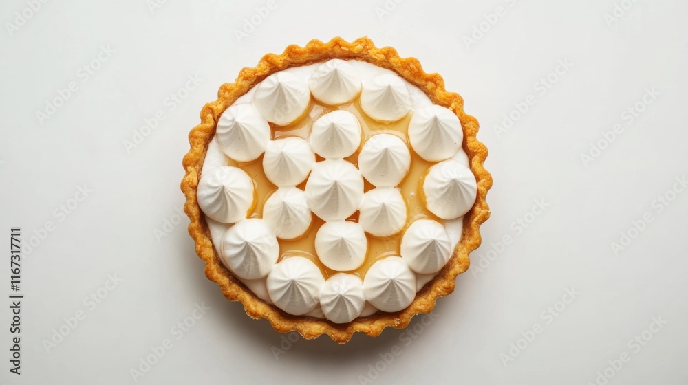Aerial view of lemon meringue pie on a clean white background for dessert menu design Aerial view of lemon meringue pie on a clean white background for dessert menu design