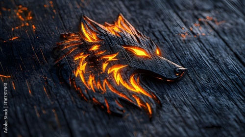 A stylized wolf head carved from wood, glowing with orange light against a dark background.