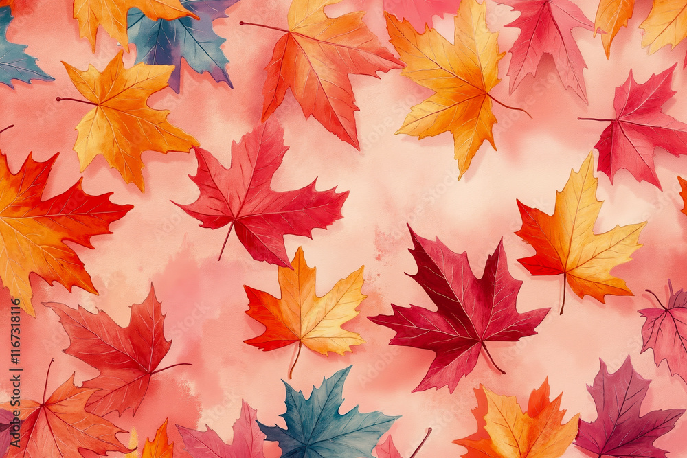 A bunch of colorful maple leaves on a pink background