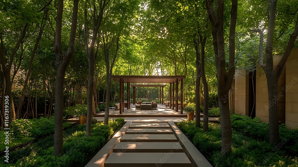 Serene garden path leads to shaded pergola and seating area. Serene garden path leads to shaded pergola and seating area.