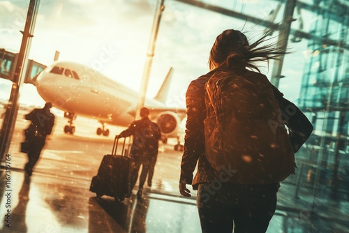 Traveler hurries towards the airplane gate in a bright airport, showcasing urgency against a blurred backdrop of departing flights