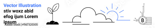 Minimalistic line art of growing plant, cloud, rising sun, and circuit board. Ideal for technology, growth, environmental sustainability, innovation, future, digital development, and computing
