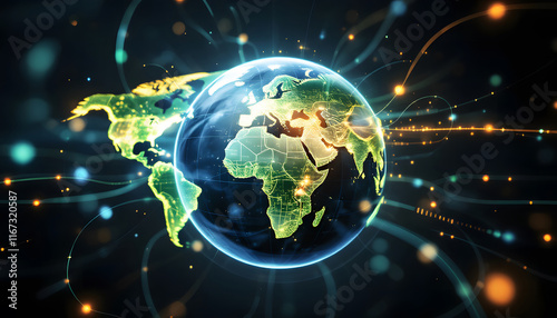 Global Network, Connected World Technology, World Connectivity, Data Network Visualization, Global Communication, Digital Earth Network