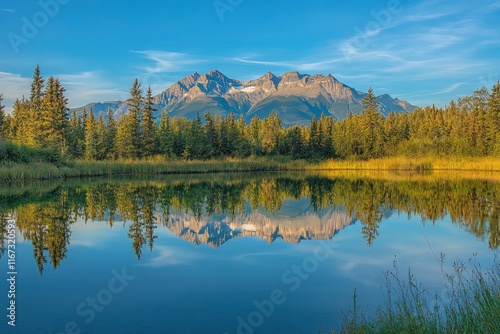 Majestic mountain range reflecting in a crystal-clear lake, a serene natural landscape of the Canadian national park system. The beautiful blue sky, golden hour lighting, and pine trees