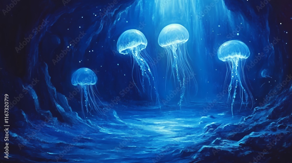 Fototapeta premium Luminous Jellyfish Illuminate Dark Underwater Cave