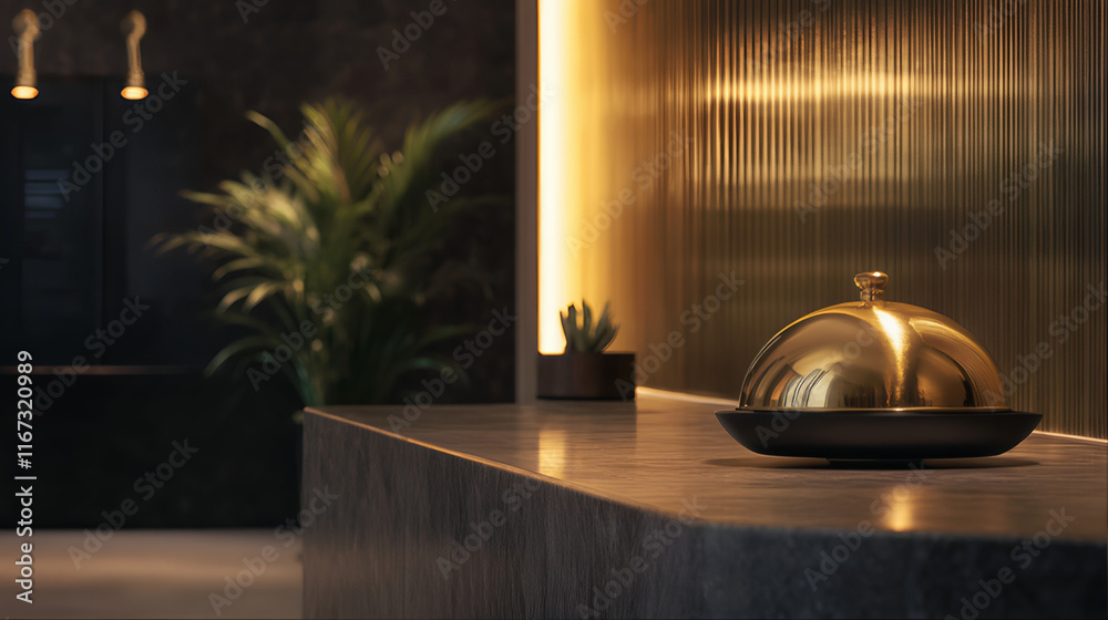 Hotel room service bell with Gold service bell on a marble reception desk in a modern hotel lobby. Hotel room service bell with Gold service bell on a marble reception desk in a modern hotel lobby.