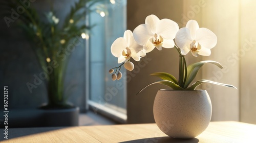 White orchids in a pot on a wooden table, illuminated by sunlight.
