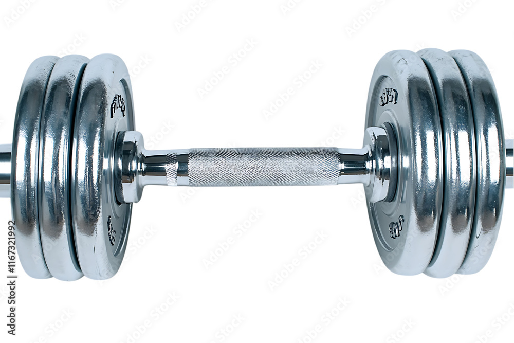 Naklejka premium A metallic dumbbell with multiple weight plates for strength training exercises.