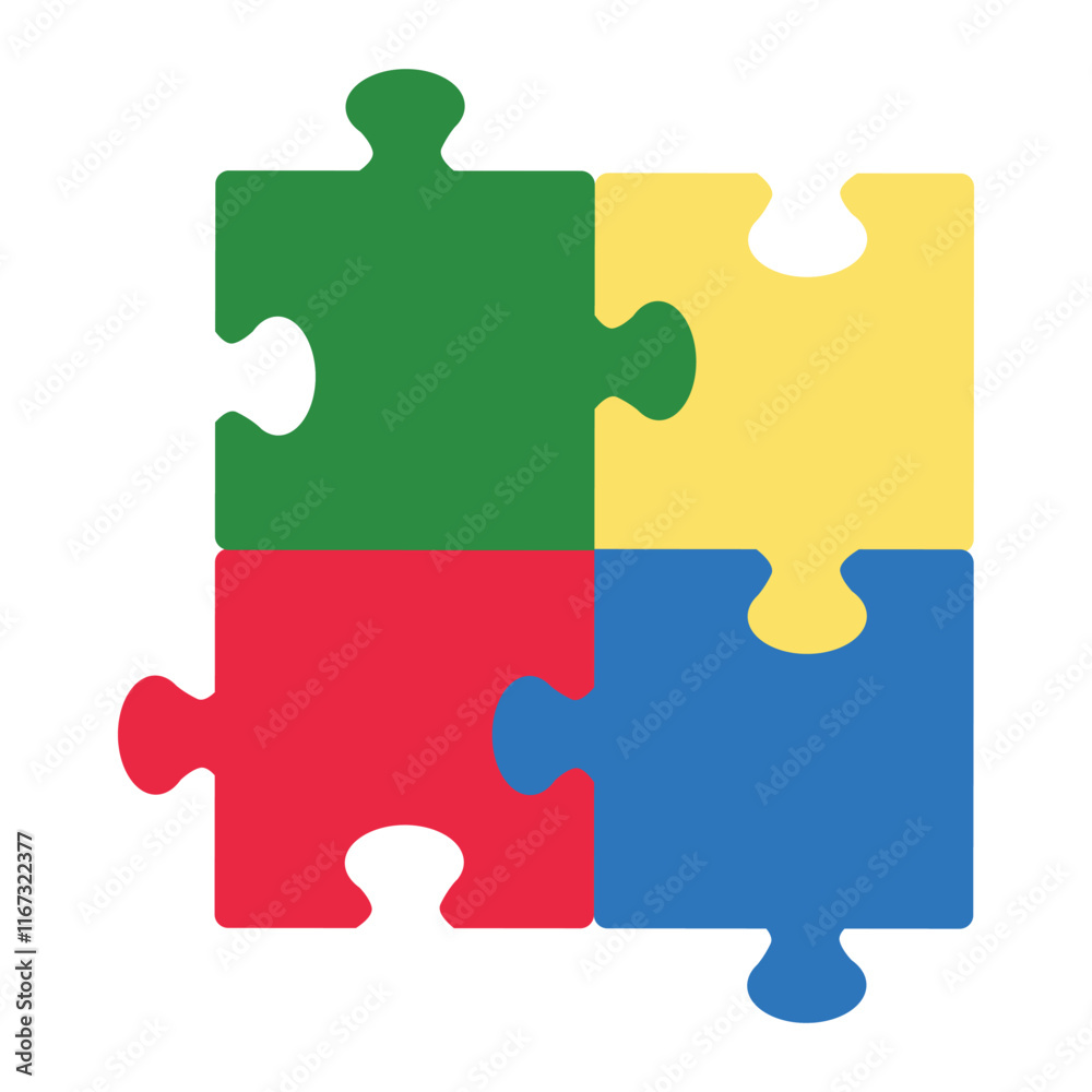 Four jigsaw puzzles in blue, yellow, green and red colors square isolated on white background. Hand drawn vector illustration in flat style. Autism spectrum disorder concept, children inclusivity