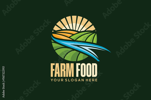 Farm food logo design with field and river icon symbols, vector agricultural logo template