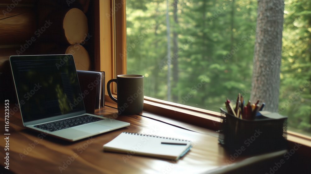 Fototapeta premium Cozy workspace with a view of lush greenery