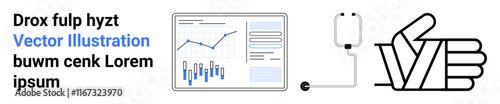 Graphs display business growth data. Adjacent stethoscope symbolizes healthcare, signaling approval with thumbs-up. Ideal for business presentations, medical contexts, financial reports, success