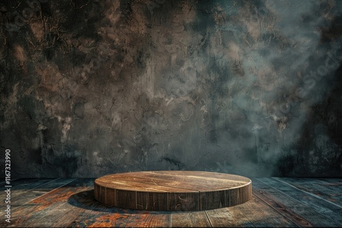 Empty rustic wooden product display stand on dark wood floor with dramatic grunge concrete wall background. Vintage plinth for product showcase, moody studio backdrop.