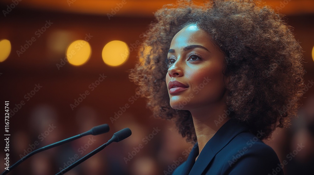 Woman speaking at podium in formal setting Woman speaking at podium in formal setting