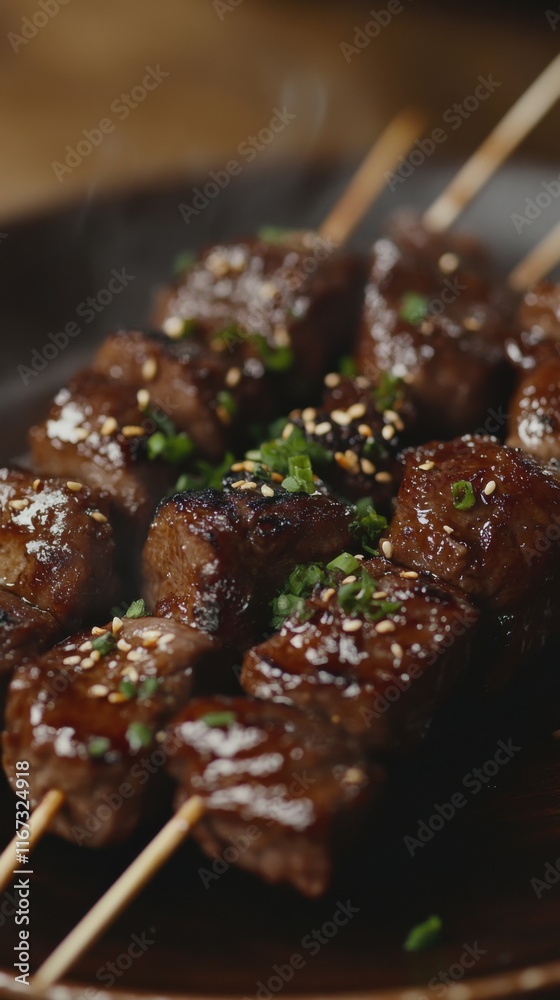Close-up of grilled skewers on wooden table with seasoning and herbs Close-up of grilled skewers on wooden table with seasoning and herbs