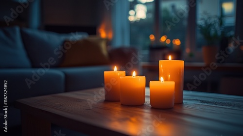 Four candles lit on table at home, with couch background. Lifestyle use.